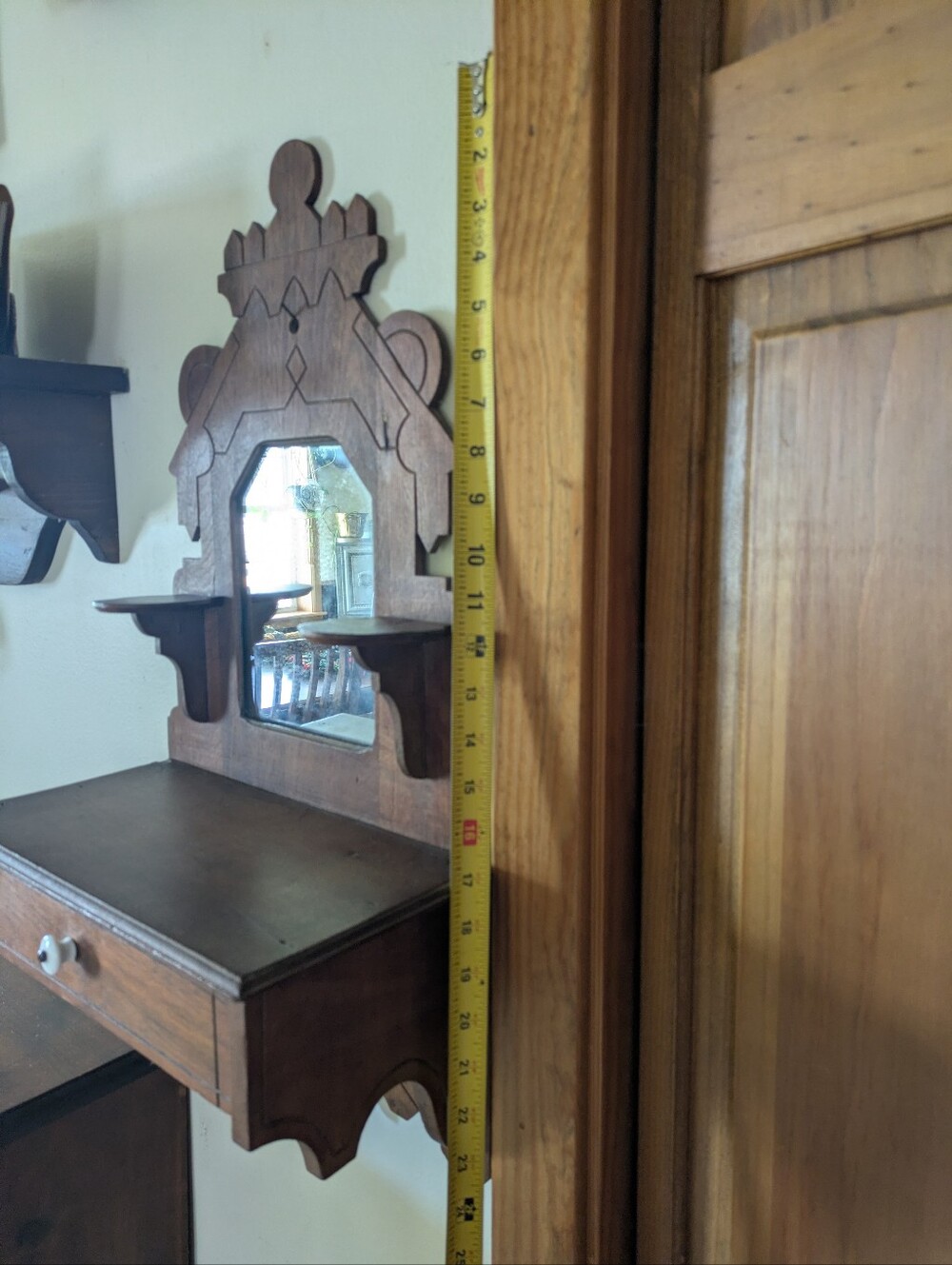 Antique Eastlake Victorian Walnut Wall Mirror Shaving Stand Comb Case - Picture 7 of 11